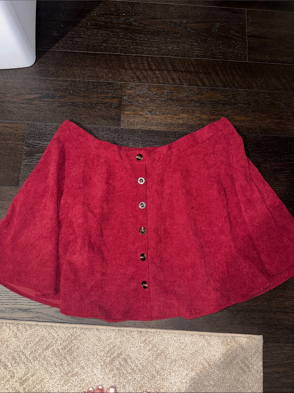 Red Button-Front Corduroy Mini Skirt